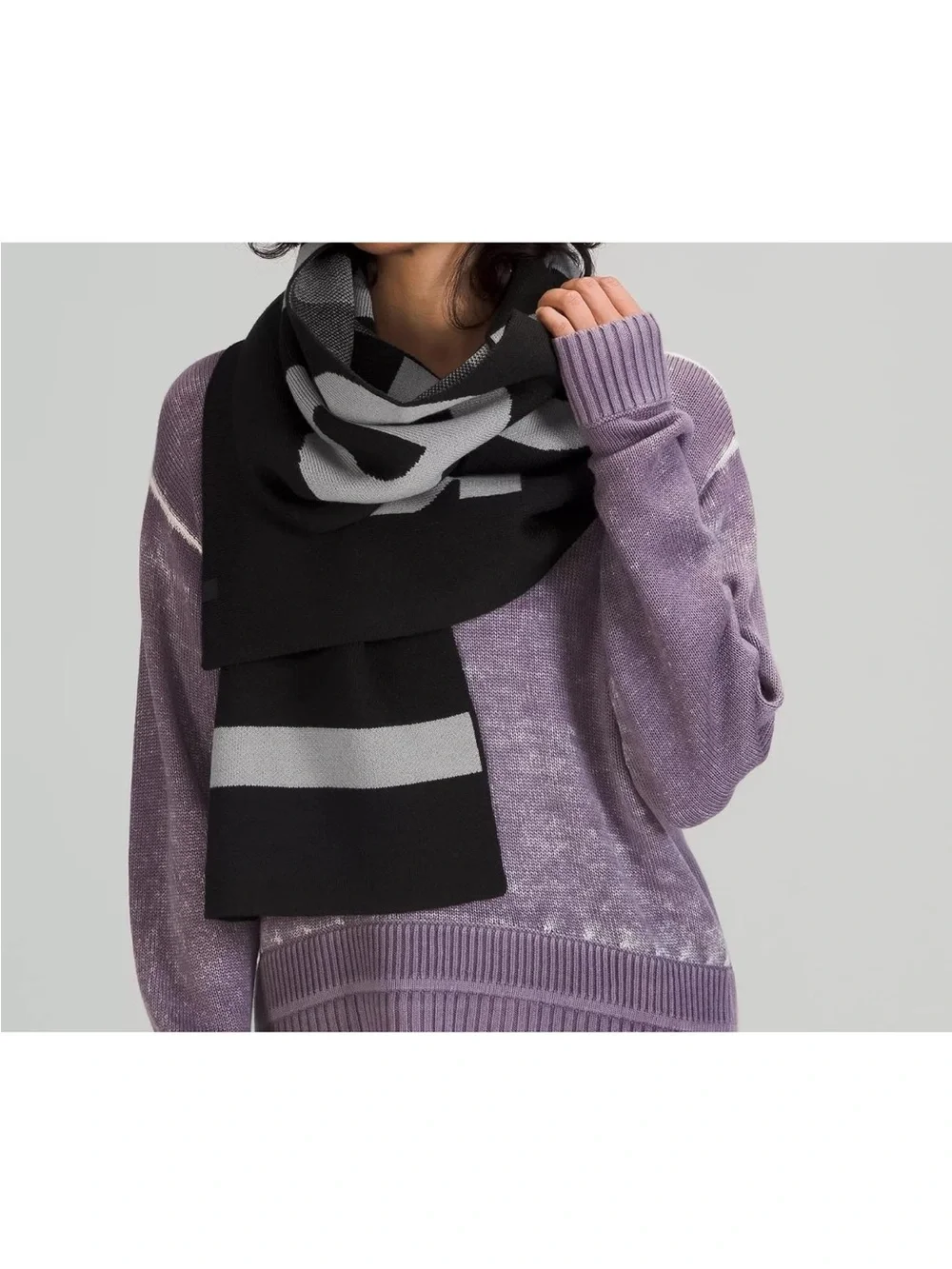 Lululemon Athletica Wool-Blend Knit Logo Scarf Black/Rhino Grey Unisex One Size